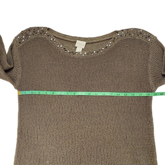 CHICOS Stone Beige Metallic Embellished Chunky Knit Pullover Sweater Medium (1) - Picture 8 of 10